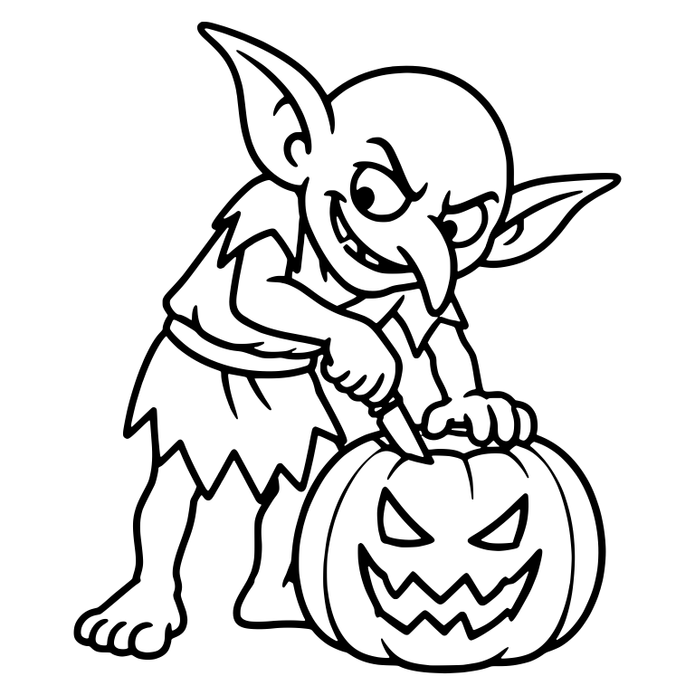 Hunched Goblin Carving a Scary Jack-o'-Lantern Face — free fantasy-creature SVG cut file