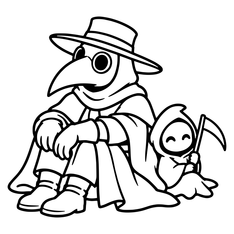 Seated Plague Doctor with Smiling Mini Reaper — free characters SVG cut file