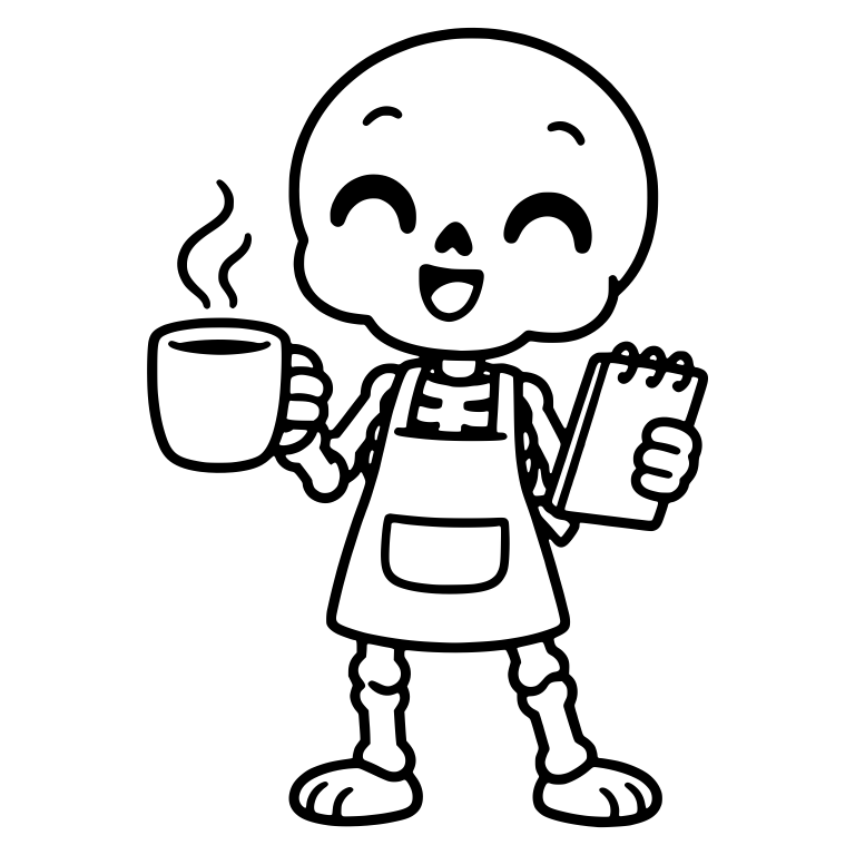 Kawaii Barista Skeleton in Apron with Mug and Notepad — free skeleton SVG cut file