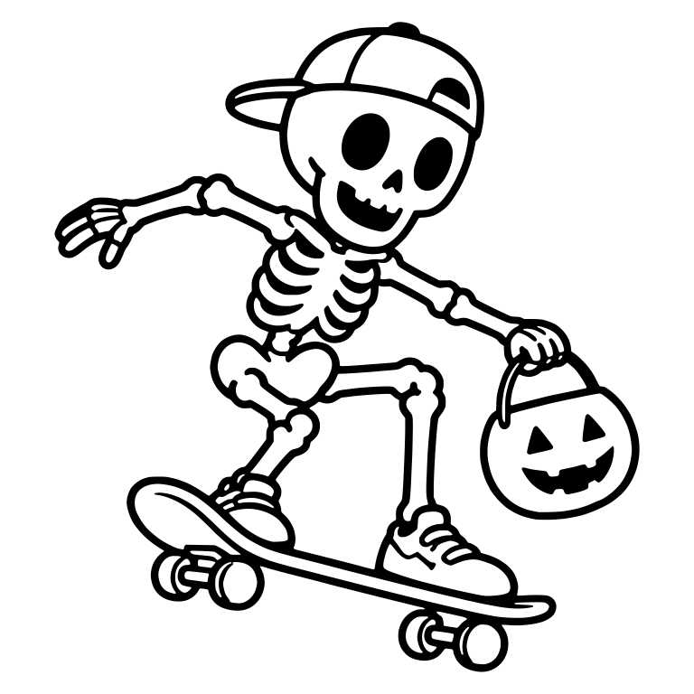 Skeleton in Backwards Cap Riding with Pumpkin Bucket — free skeleton SVG cut file