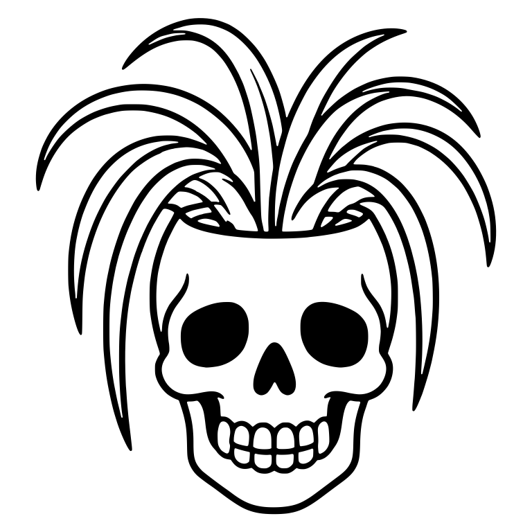 Grinning Skull Planter With Fountain Of Spider Plant Leaves — free skeleton SVG cut file