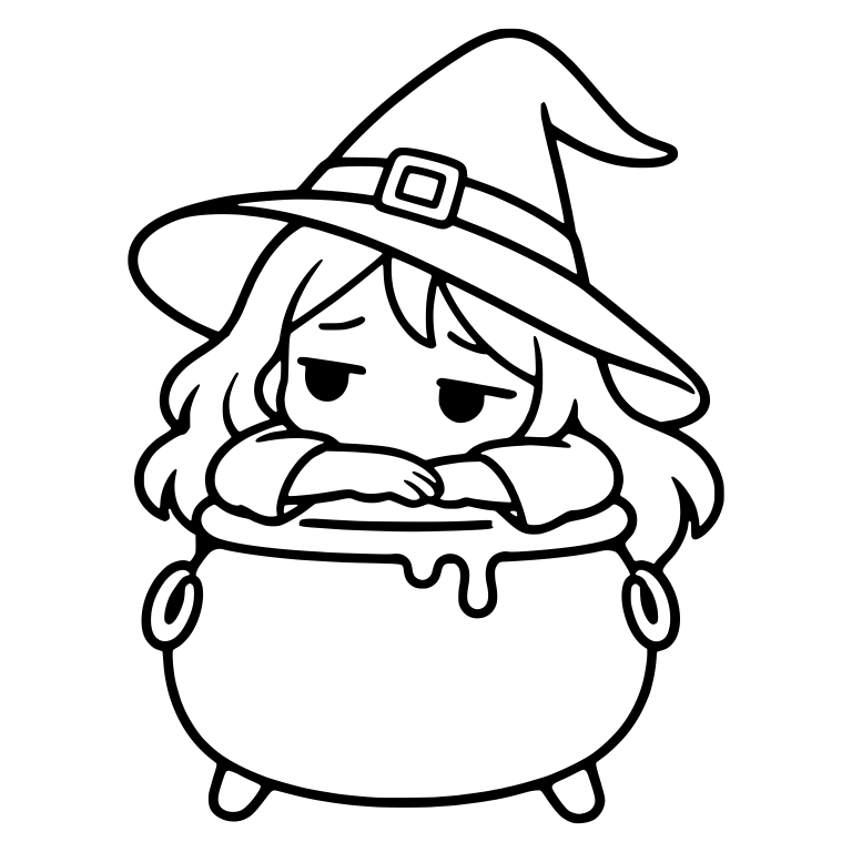 Bored Witch Resting Head on Bubbling Cauldron — free characters SVG cut file