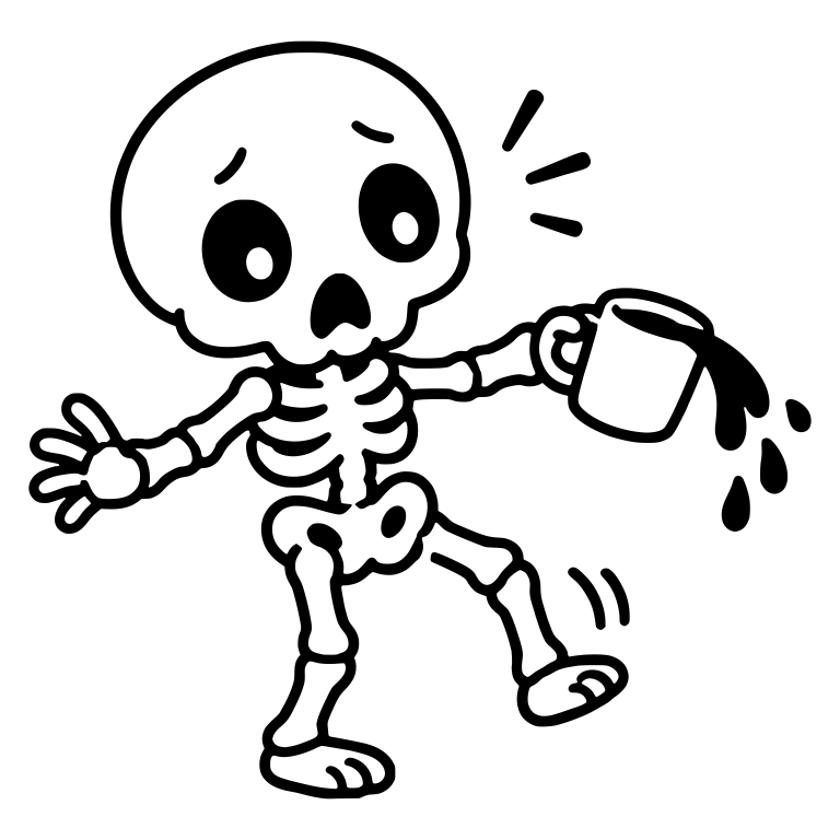 Startled Skeleton Spilling a Mug of Coffee — free skeleton SVG cut file