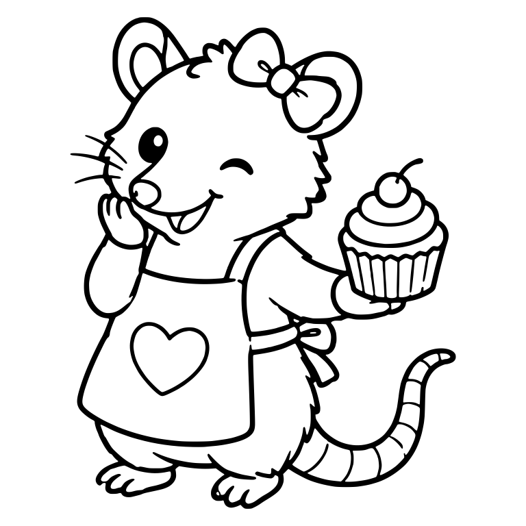 Opossum with Hair Bow and Heart Apron Holding Cupcake — free animal SVG cut file
