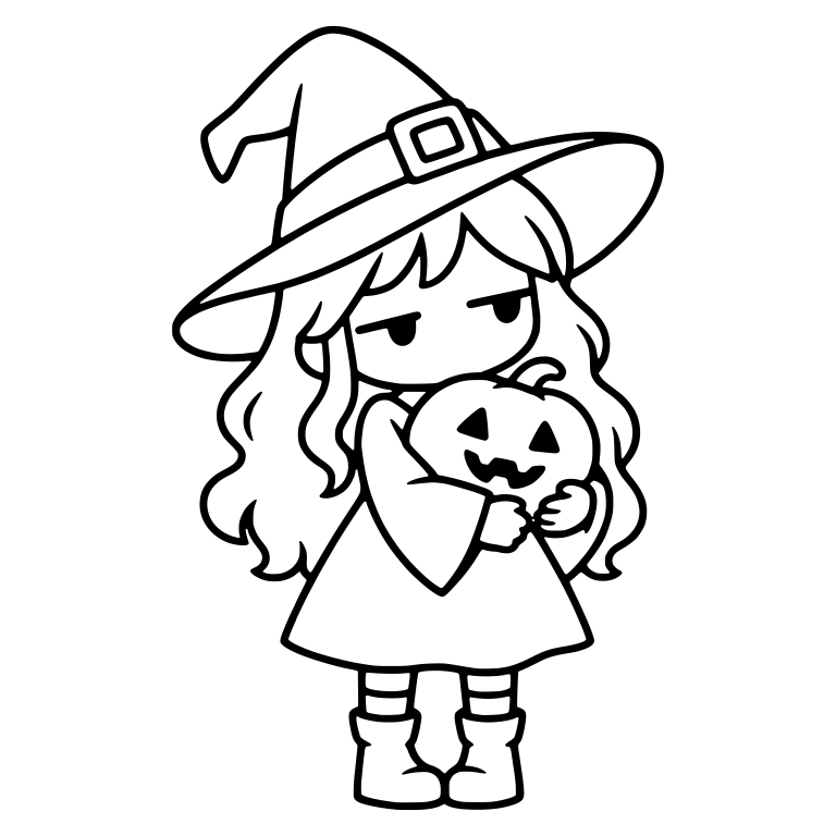 Bored Witch Hugging Pumpkin in Wide Bell Sleeves — free characters SVG cut file