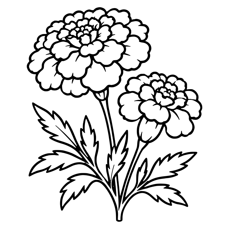 Double Marigold Blooms With Serrated Leaves — free floral SVG cut file