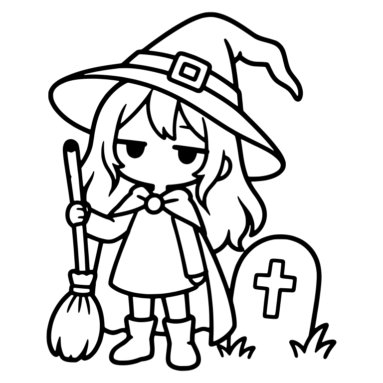 Bored Witch Holding Broom Beside Cross Tombstone — free characters SVG cut file