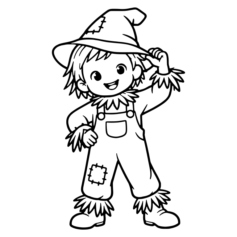 Scarecrow Kid in Patched Overalls Tipping Pointed Hat — free characters SVG cut file