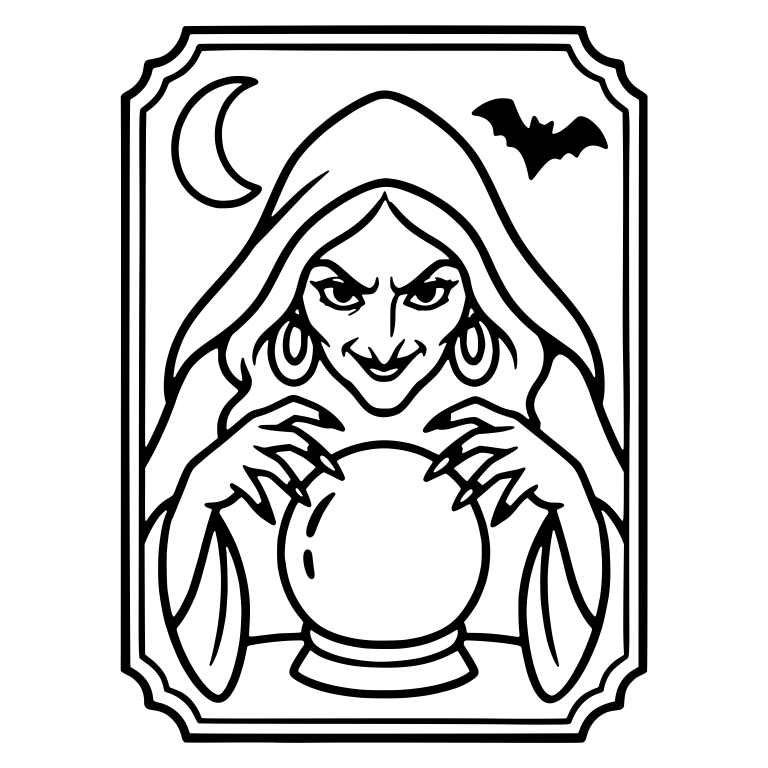 Hooded Crone Fortune Teller With Crystal Ball and Bat — free characters SVG cut file