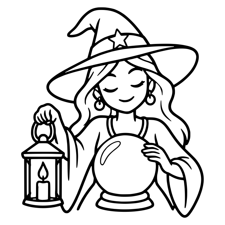Dreamy Witch with Star Hat, Lantern and Crystal Ball — free characters SVG cut file