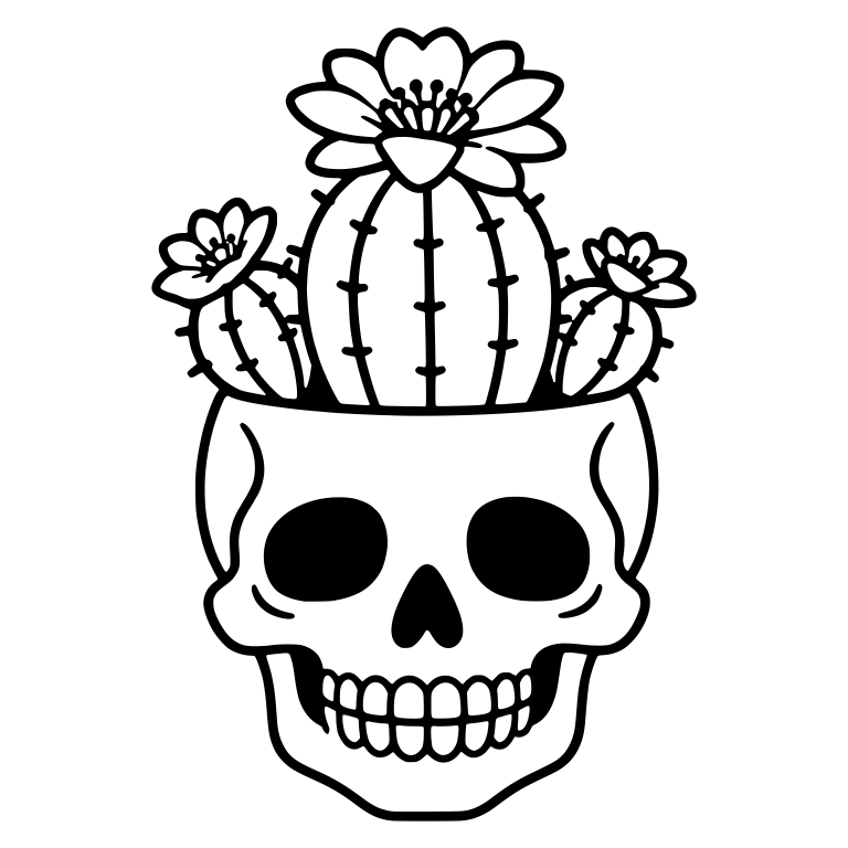 Skull Planter With Three Flowering Barrel Cacti — free skeleton SVG cut file