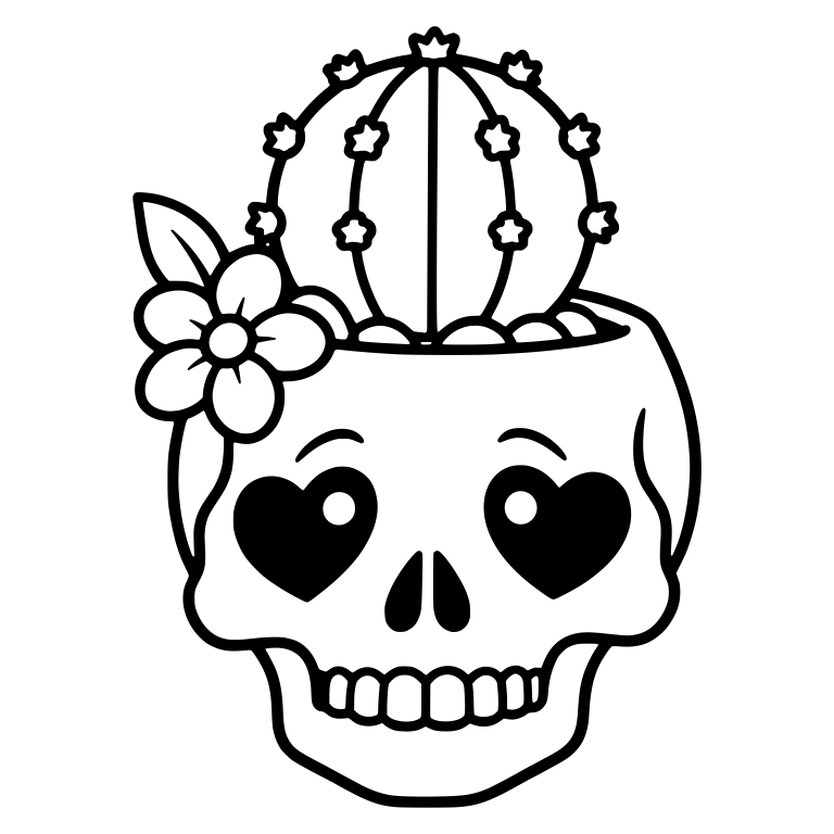 Heart-Eyed Skull Planter with Flower and Leaf — free skeleton SVG cut file
