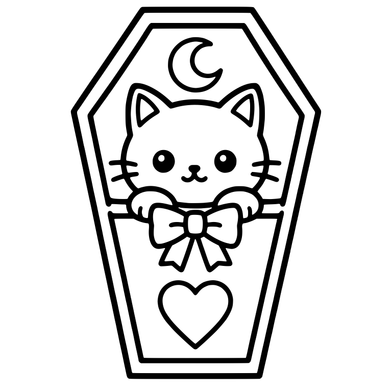 Cat in Upright Coffin With Bow, Heart and Crescent Moon — free animal SVG cut file