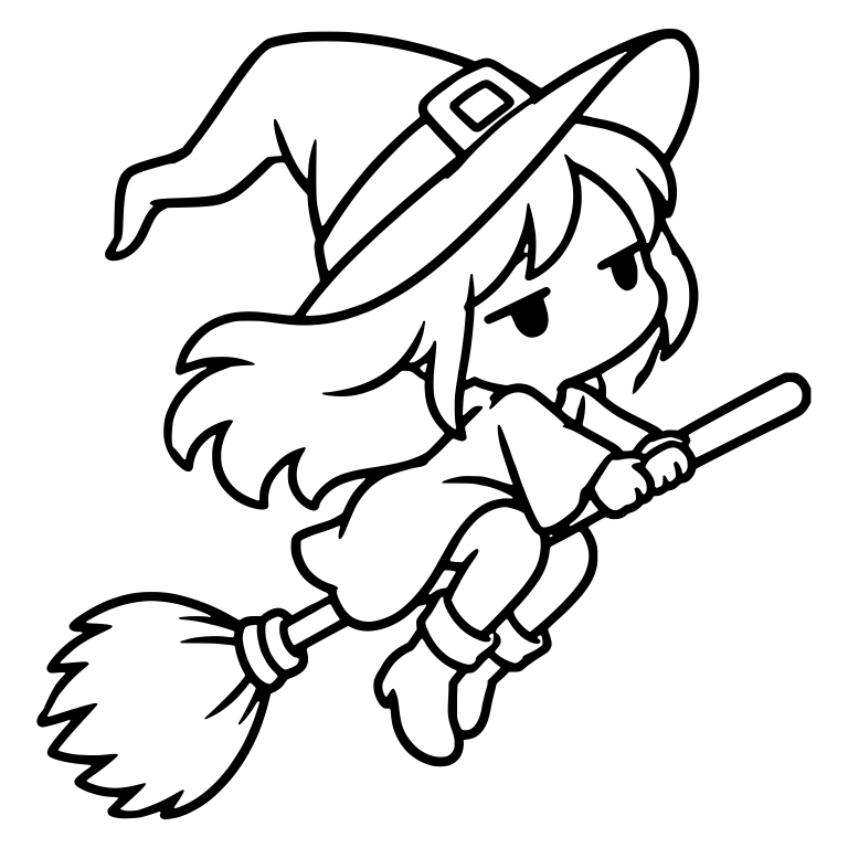 Bored Witch Flying Diagonally on Broom, Hair Streaming — free characters SVG cut file