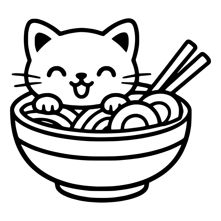 Laughing Cat in Ramen Bowl with Standing Chopsticks — free animal SVG cut file