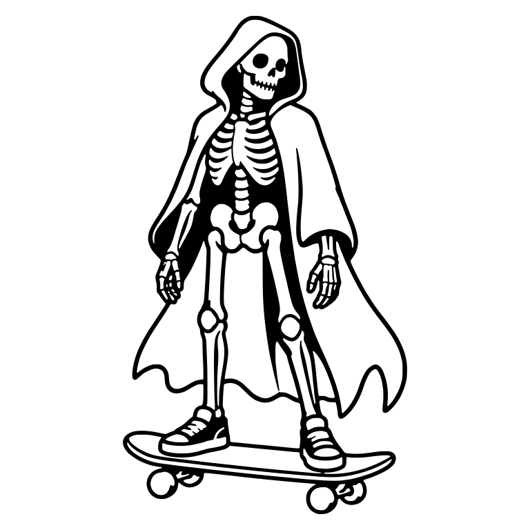 Standing Skeleton in Hooded Cloak on Skateboard — free skeleton SVG cut file