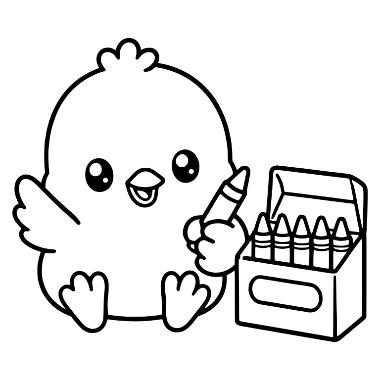 Round Chick Holding a Crayon Beside a Crayon Box — free animal SVG cut file