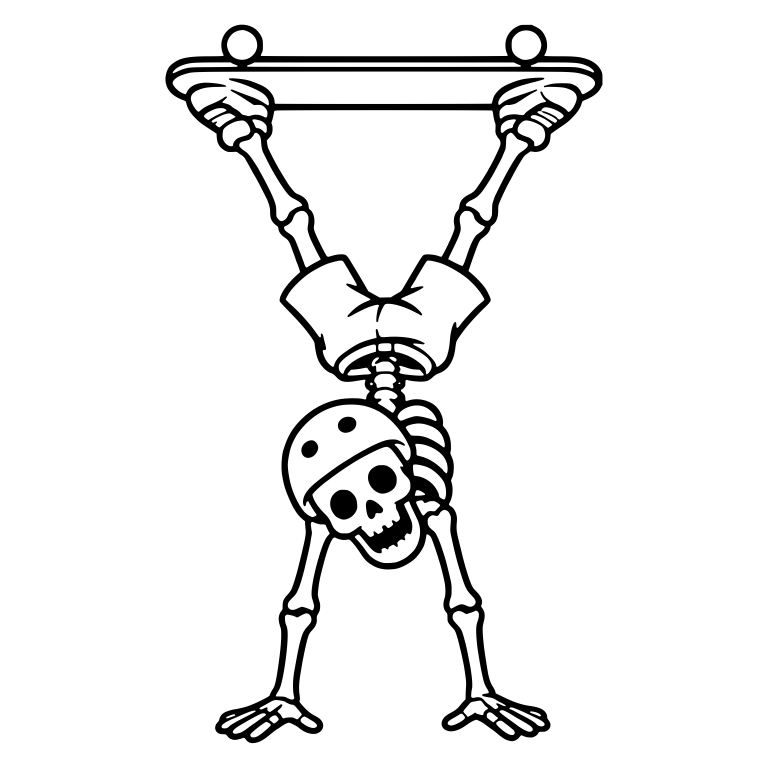 Helmeted Skeleton Handstand with Skateboard Overhead — free skeleton SVG cut file