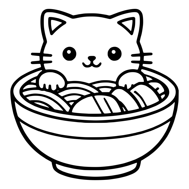 Wide-Eyed Cat Peeking Over Ramen Bowl Rim With Toppings — free animal SVG cut file