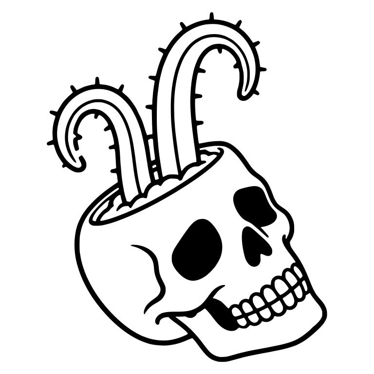 Tilted Skull Planter With Two Curled Fishhook Cacti — free skeleton SVG cut file
