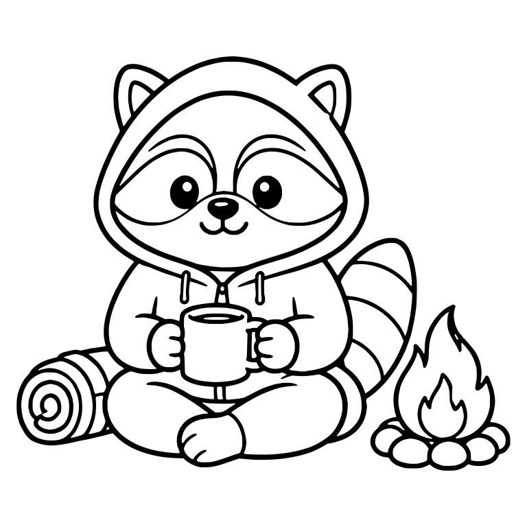 Raccoon in Hoodie Holding Mug by Campfire and Bedroll — free animal SVG cut file