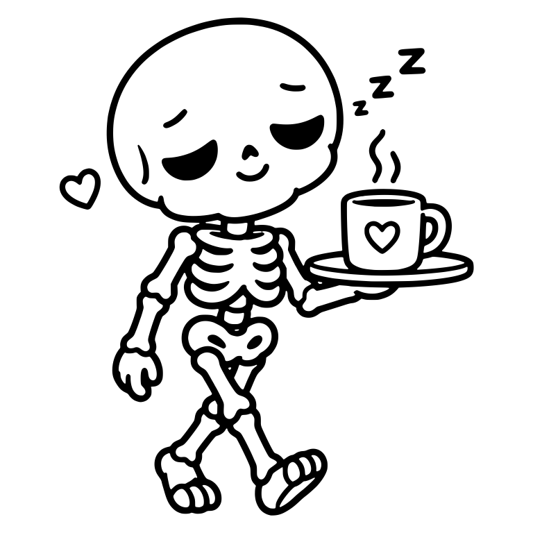 Sleepy Walking Skeleton with Heart Mug and Zzz — free skeleton SVG cut file
