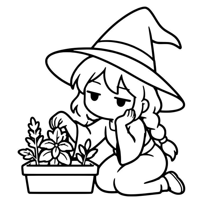 Bored Witch Kneeling by Herb Planter Box — free characters SVG cut file
