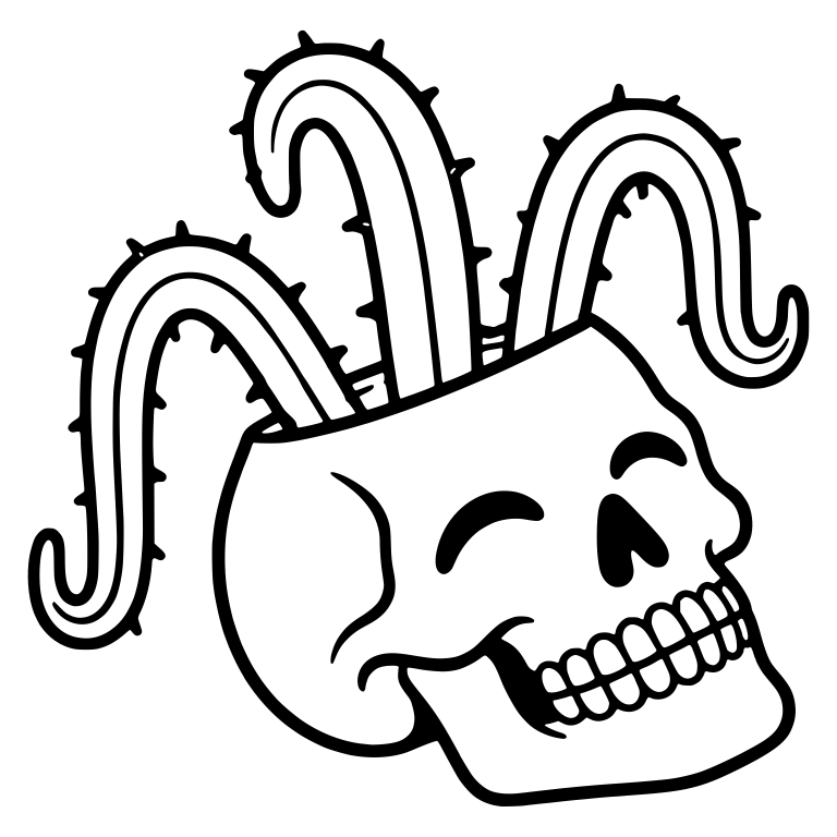 Tilted Happy Skull Planter With Big Fishhook Cacti — free skeleton SVG cut file