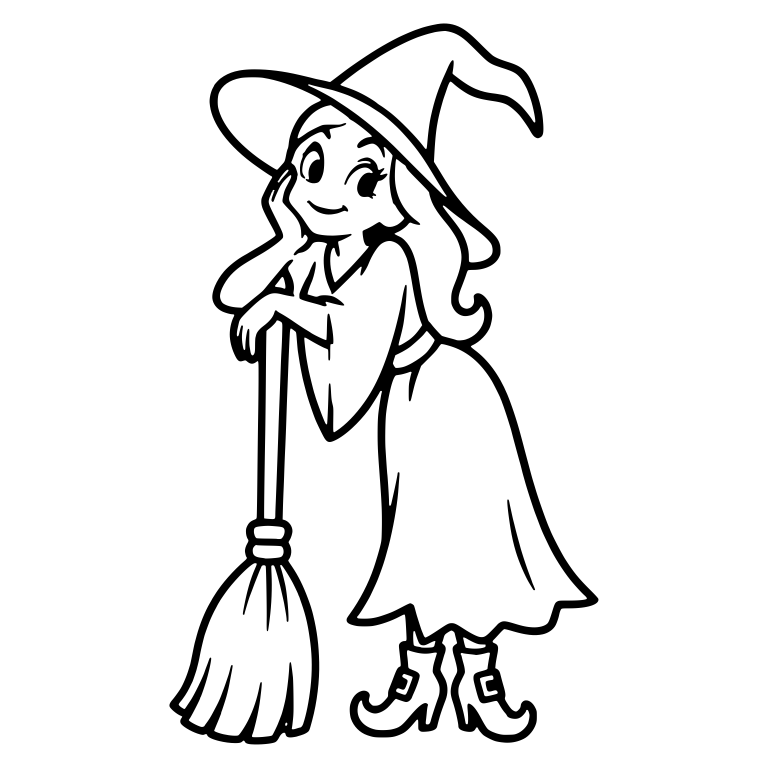 Witch Leaning on Broom with Chin in Hand — free characters SVG cut file