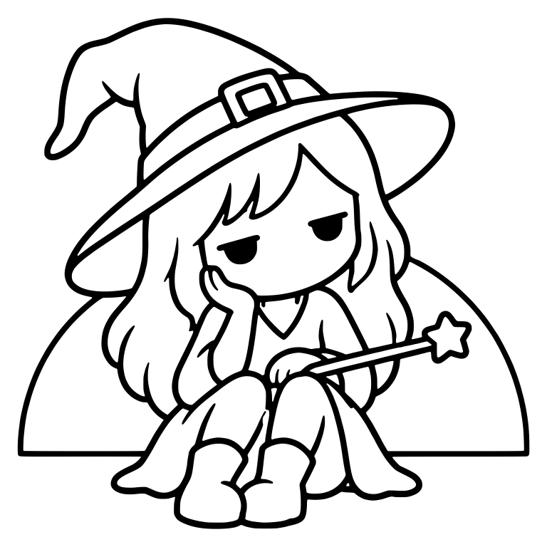Bored Witch Sitting With Star Wand Before Rising Moon — free characters SVG cut file