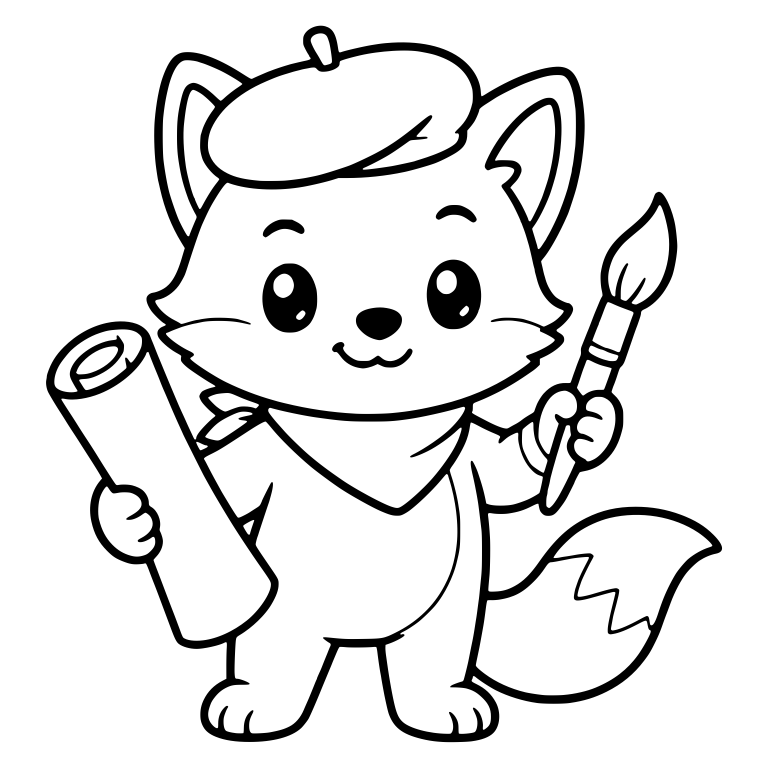 Kawaii Fox Artist in a Beret with Brush and Scroll — free animal SVG cut file