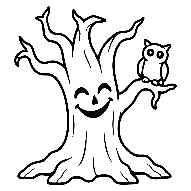 Smiling Haunted Tree With Owl Perched On Branch — free floral SVG cut file