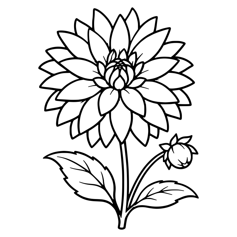 Full Dahlia Bloom With Small Bud and Serrated Leaves — free floral SVG cut file