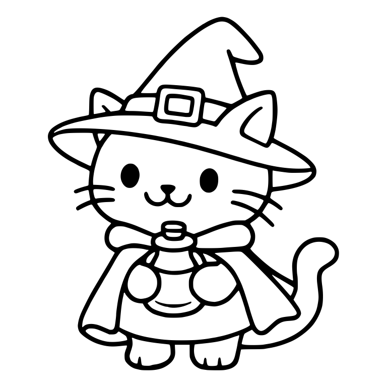 Caped Cat in Witch Hat Holding Potion Bottle — free animal SVG cut file