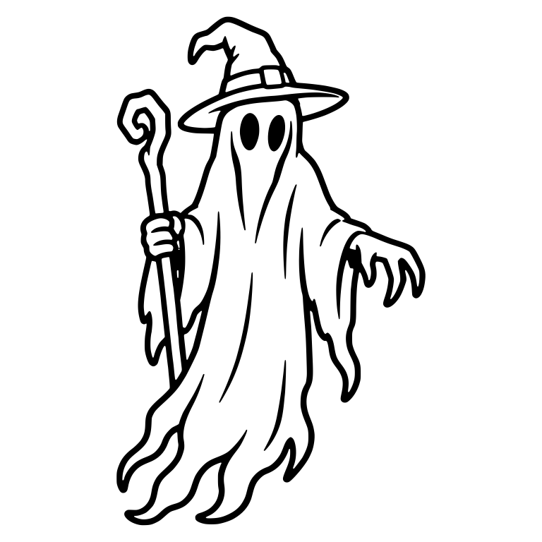 Ghost in a Witch Hat Holding a Curled Staff — free fantasy-creature SVG cut file
