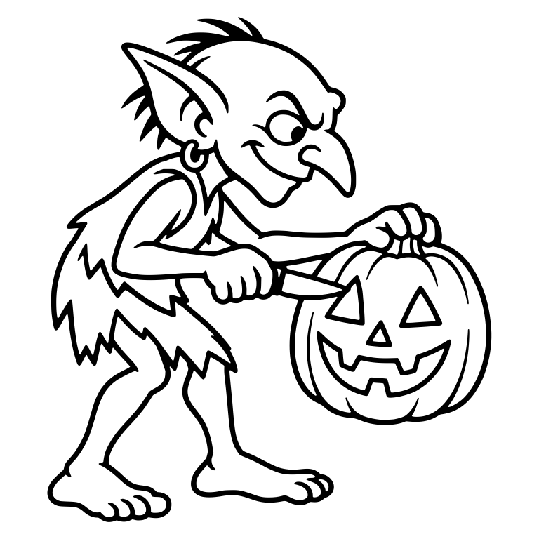 Spiky-Haired Goblin with Earring Carving Held Pumpkin — free fantasy-creature SVG cut file