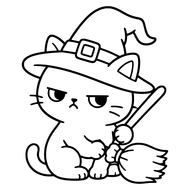 Grumpy Witch Kitten Sitting With Broom And Buckle Hat — free animal SVG cut file