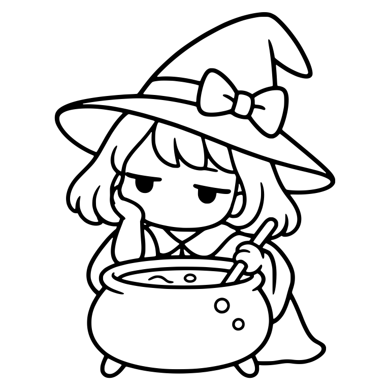 Bored Witch with Bow Stirring Cauldron, Chin on Hand — free characters SVG cut file