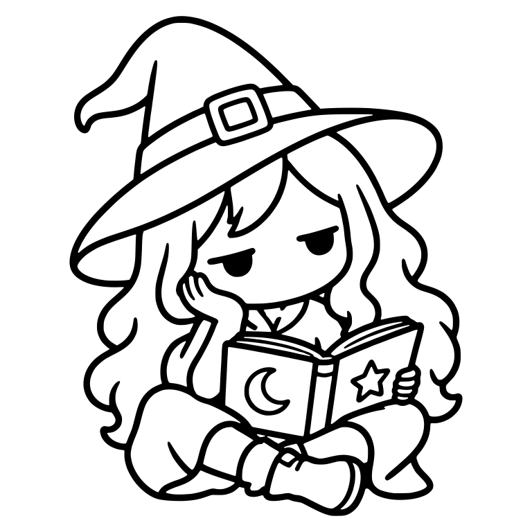 Bored Witch Reading Spellbook, Sitting Cross-Legged — free characters SVG cut file