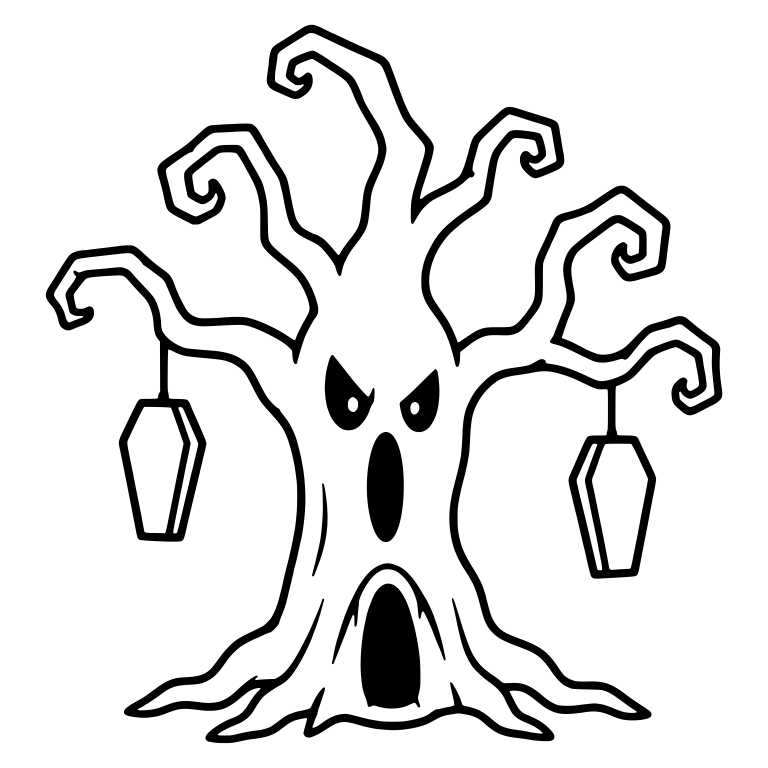 Curly Branch Tree with Two Coffins and Open Mouth Hollow — free fantasy-creature SVG cut file