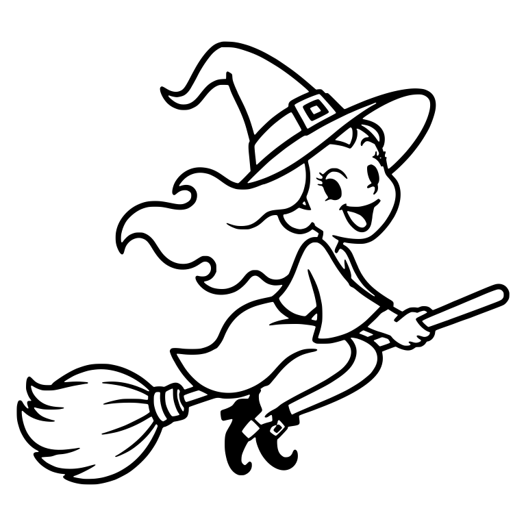 Happy Witch Flying on Broomstick with Flowing Hair — free characters SVG cut file