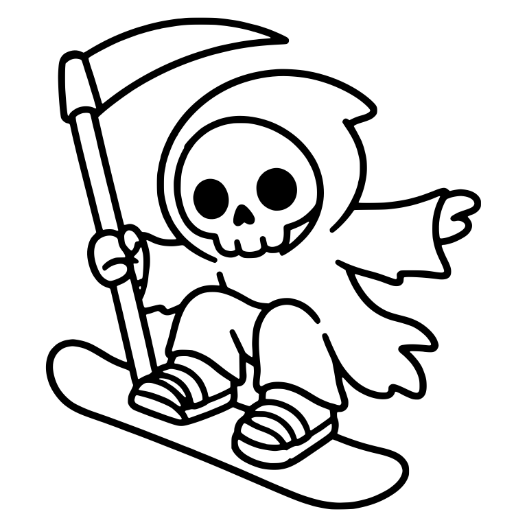 Kawaii Grim Reaper Carving On Snowboard Holding Scythe — free characters SVG cut file