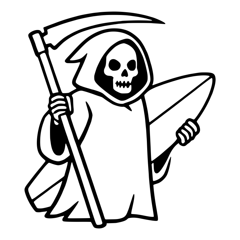 Grim Reaper Holding Scythe with Surfboard Behind — free characters SVG cut file
