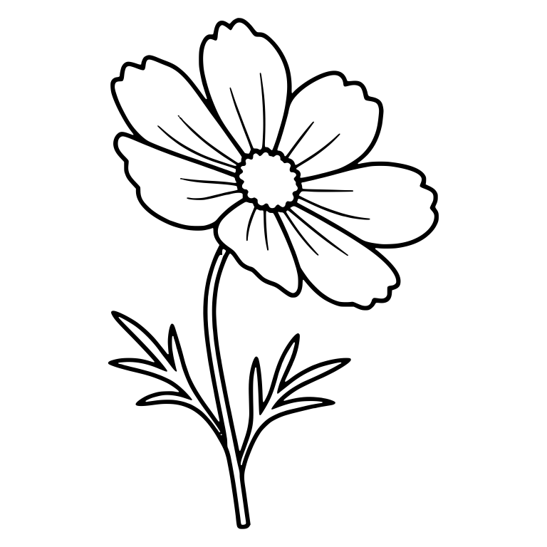 Tilted Cosmos Flower on a Curved Stem With Feathery Leaves — free floral SVG cut file
