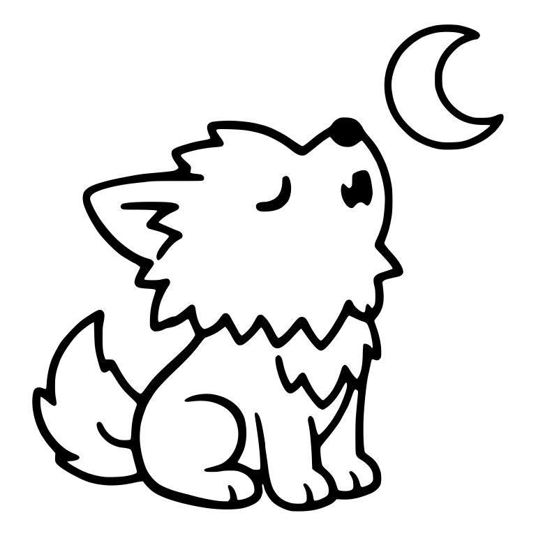 Wolf Pup Sitting and Gazing Up at Crescent Moon — free animal SVG cut file