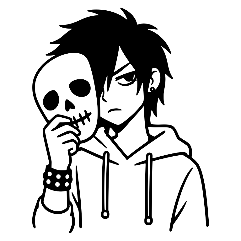 Scowling Emo Boy Holding Skull Mask in Drawstring Hoodie — free characters SVG cut file