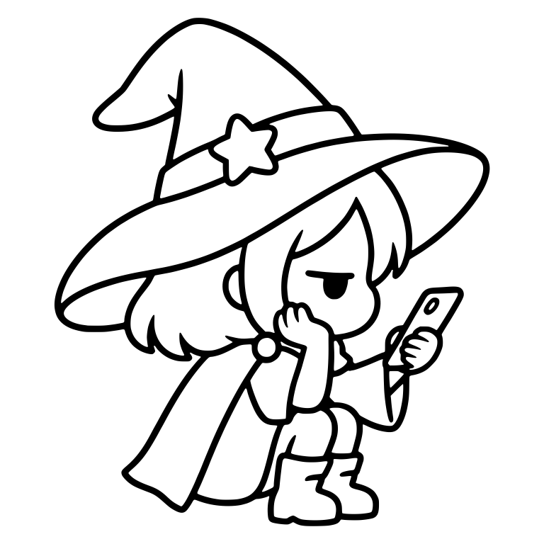 Bored Witch Crouching And Scrolling Phone Under Star Hat — free characters SVG cut file