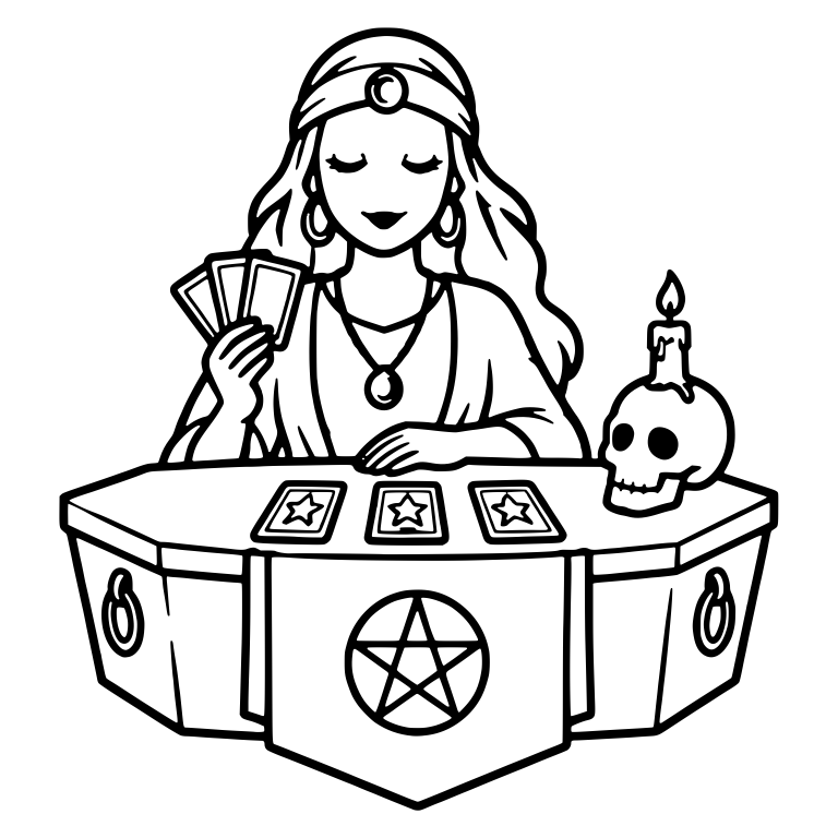 Fortune Teller at Coffin Table With Tarot Cards and Skull — free characters SVG cut file