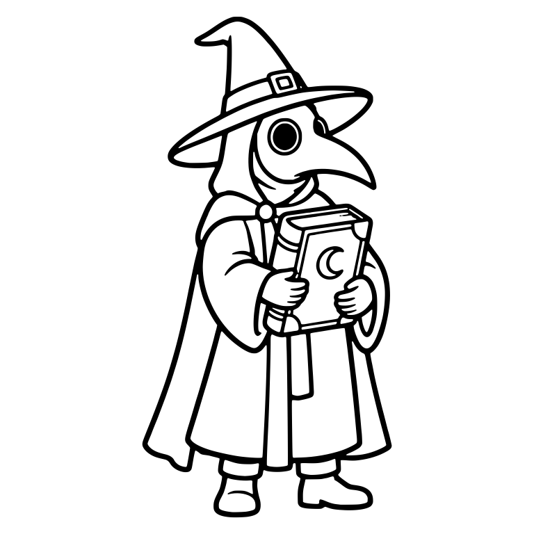 Plague Doctor in Witch Hat Holding Moon Spellbook — free characters SVG cut file