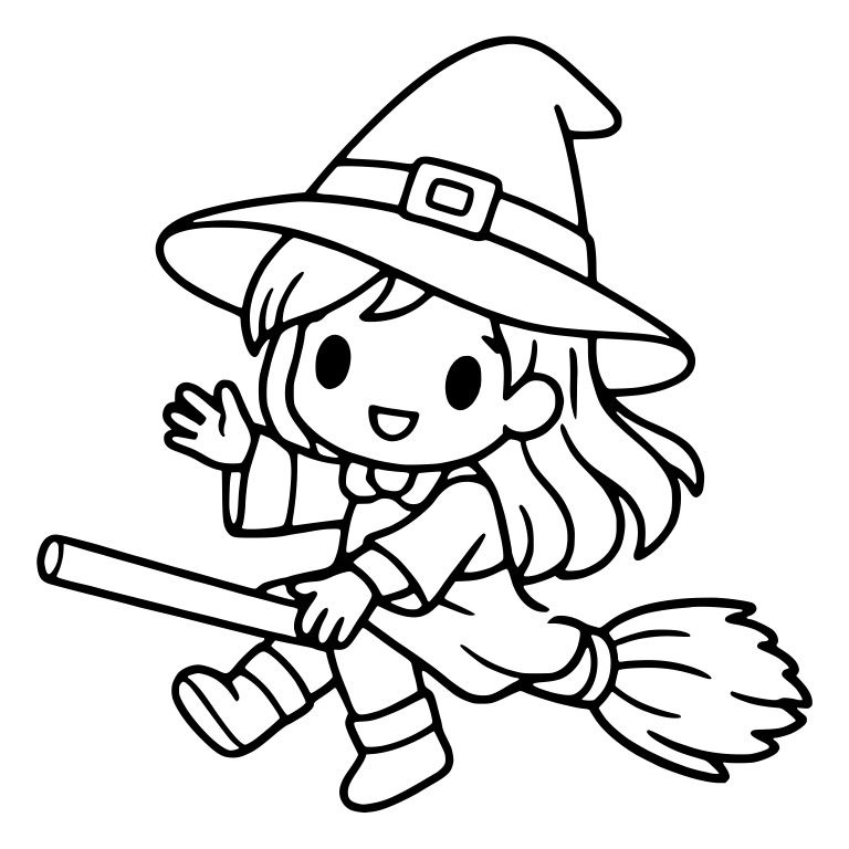 Witch Girl Flying on Broom and Waving Hello — free characters SVG cut file